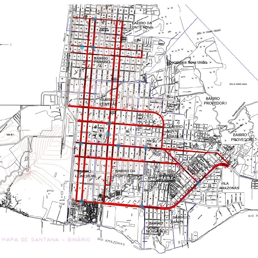 No mapa os pontos azuis representam os cruzamentos com semáforos e os traços em vermelho as vias binárias.