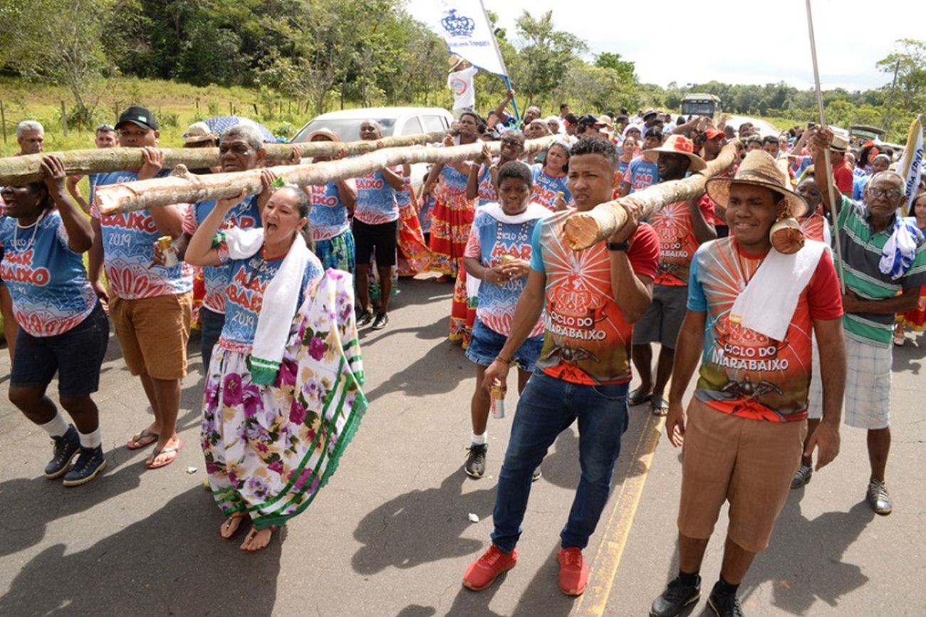 Festeiros retiram o mastro nas matas do Curiaú, durante a última edição presencial do ritual, em 2019.